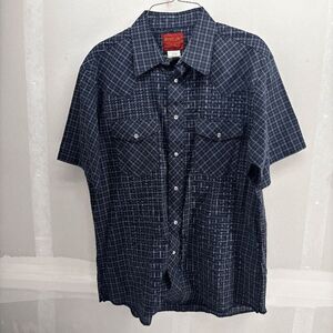 RUSTLER X-LONG TAILS Men's Shirt Vintage Size L Snap Pearl Plaid Blue